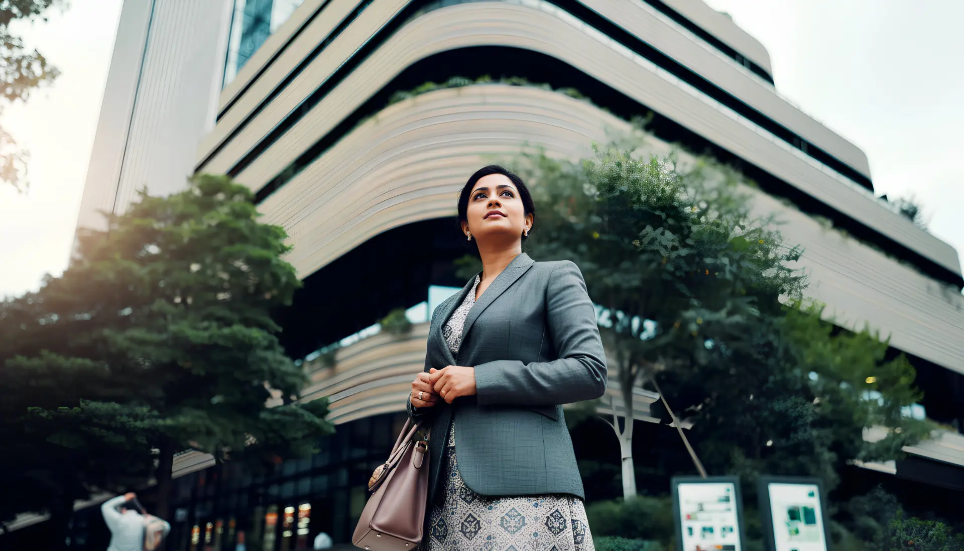 Professional standing outside a corporate campus