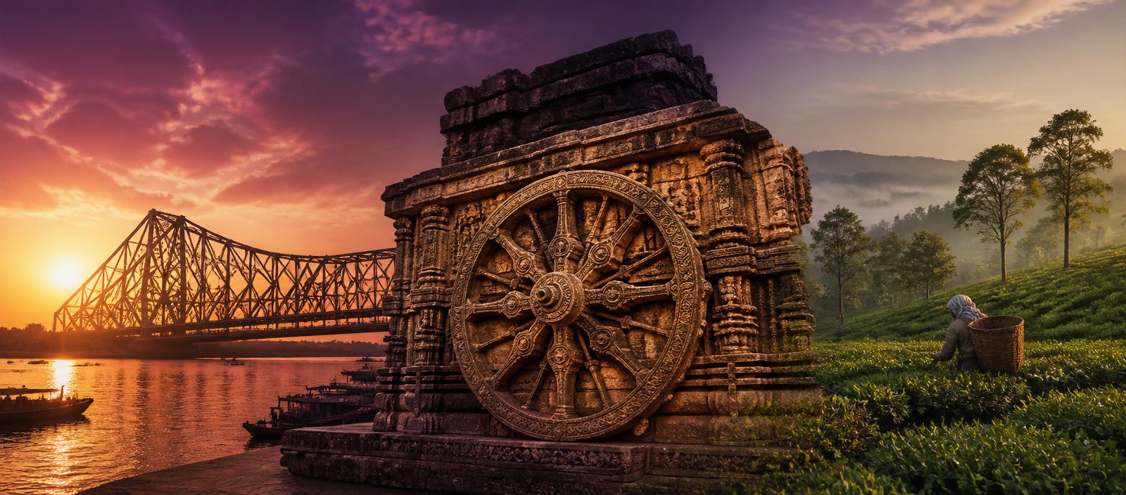 Eastern India cultural landscape — Howrah Bridge, Konark sun wheel and Assam tea gardens